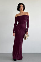 Vintage Solid Off-The-Shoulder Bodycon Maxi Dress