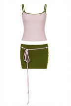 Contrast Panel Shirred Cami Low Rise Skirt Sets