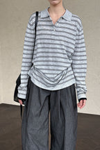 Soft Wool Striped Polo Collar Long Sleeve Tee
