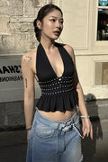 Deep V Cut Out Backless Halter Bodycon Fit Top