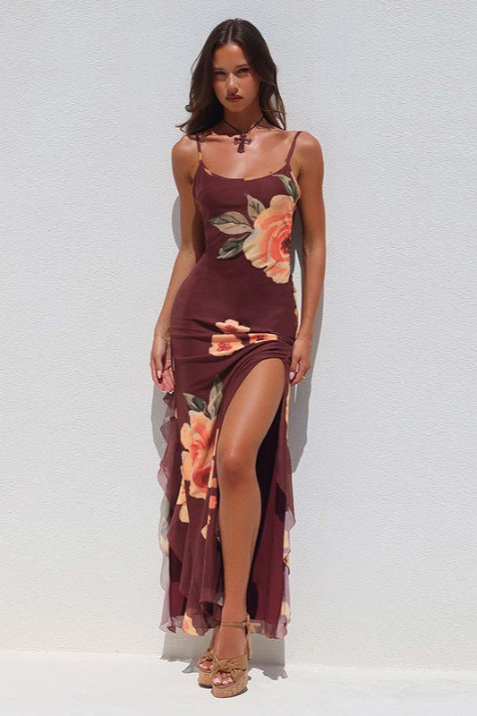 Floral Mesh Split Backless Maxi Dress