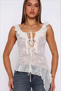 White Lace Tie Backless Tank Top