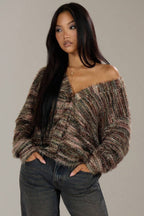 Retro Deep V-Neck Maillard Plush Long-Sleeve Knit Cardigan