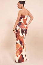 Abstract Print Off-Shoulder Strapless Bodycon Maxi Dress