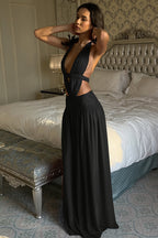 Lace Trim Halter Neck Open Back A Line Maxi Dress