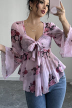 Floral Tie Dye Square Neck Long Sleeve Blouse