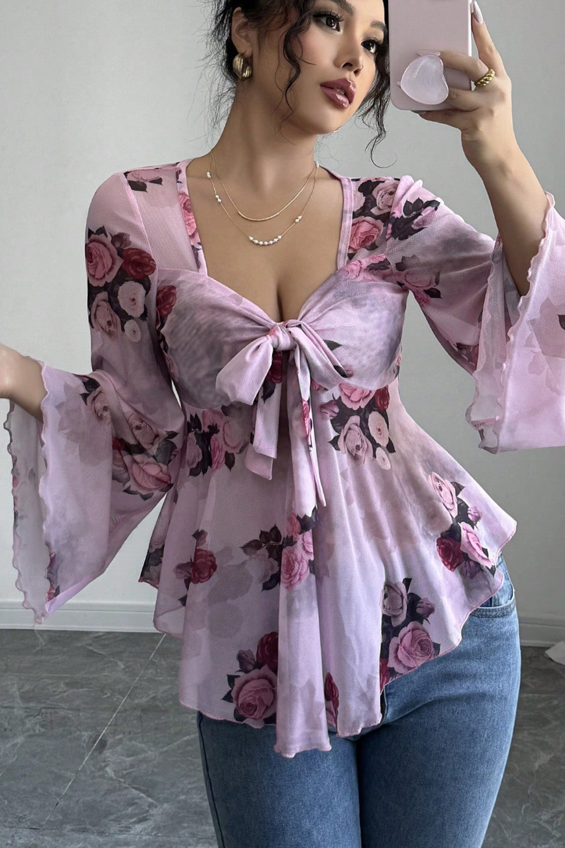 Floral Tie Dye Square Neck Long Sleeve Blouse