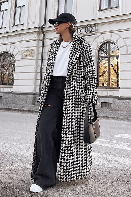 Houndstooth Long Trench Coat Elegant Overcoat