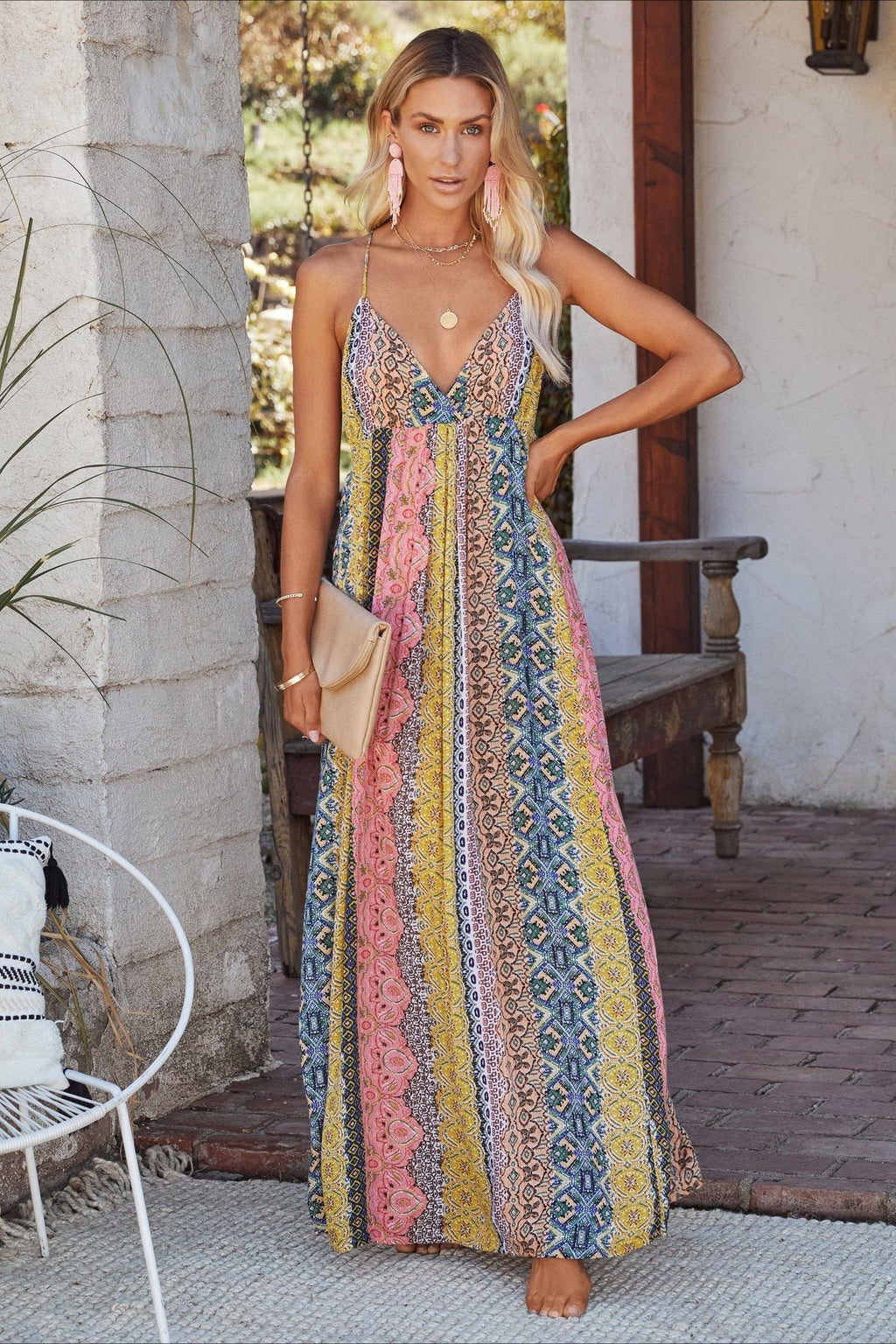 V-Neck Backless Floral Print Cami Maxi Dress