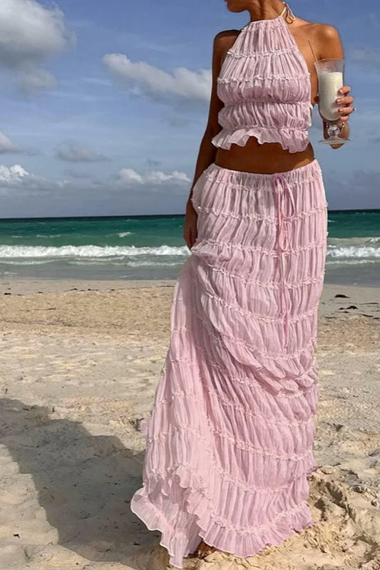 Ruched Halter Cami & Maxi Skirt Boho Dress