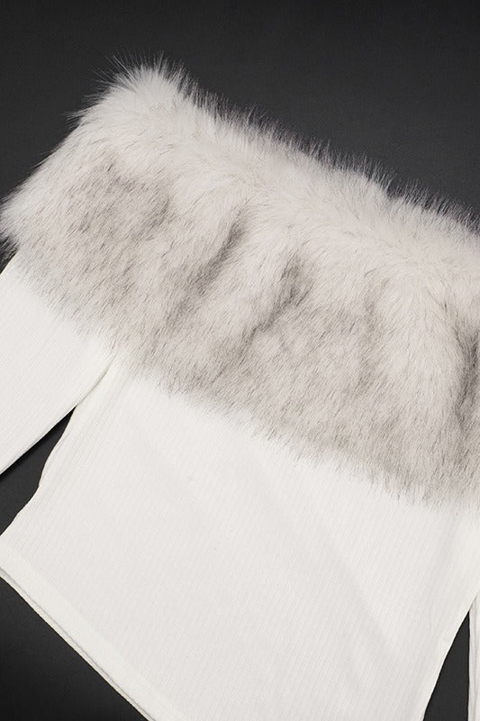 Fuzzy Long Sleeve Off Shoulder Asymmetric Tee