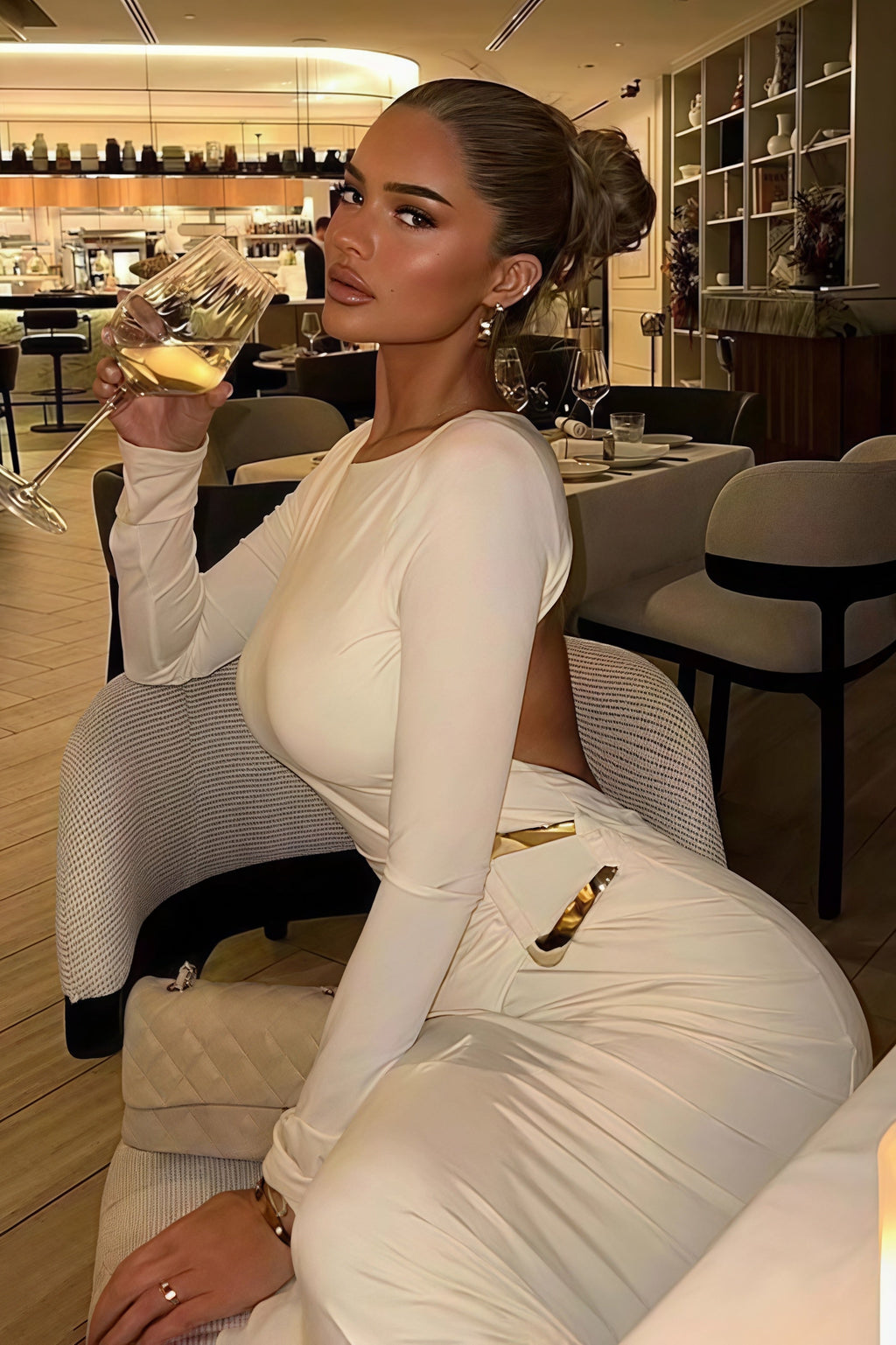 Backless Metal Decor Round Neck Sleeve Maxi Dress