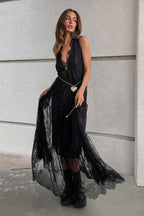 Solid V Neck Loose Lace Maxi Dress