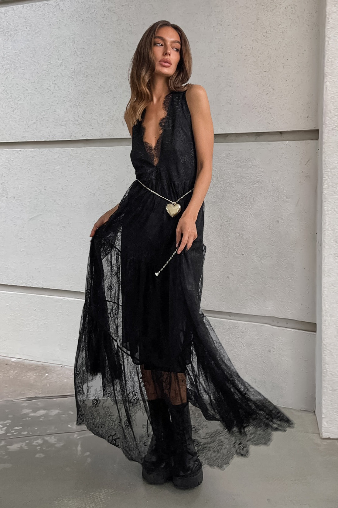 Solid V Neck Loose Lace Maxi Dress