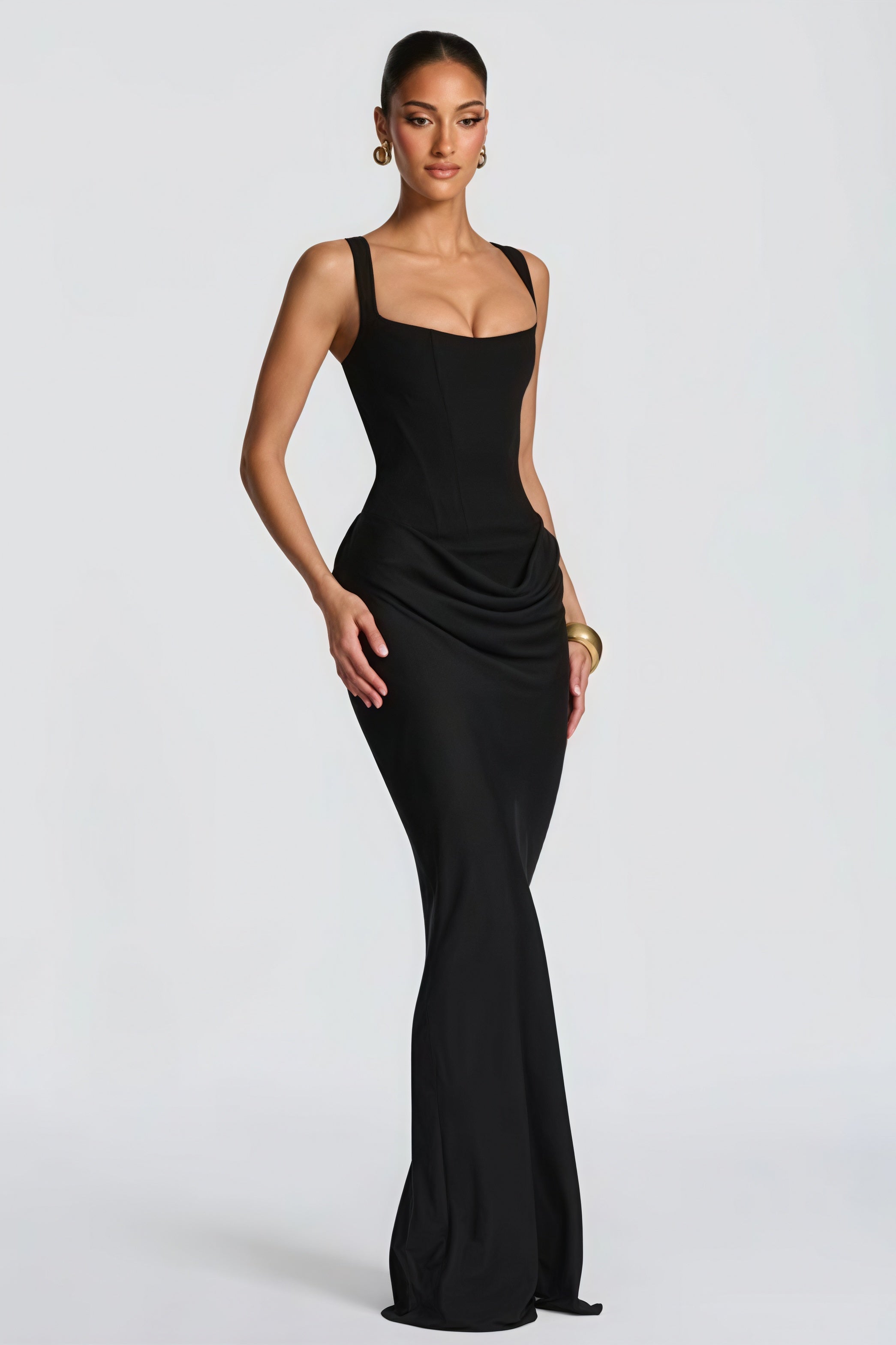 Ruched Spaghetti Strap Boned Waist Cinching Bodycon Maxi Dress