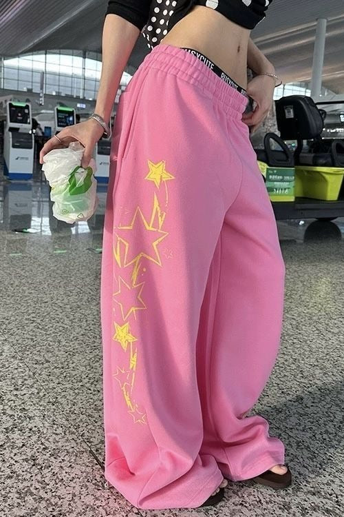 Y2K Star Graphic Drawstring Wide Pants