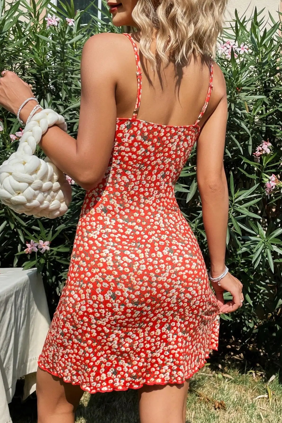 Stylish Red Printed Suspender Floral Dres