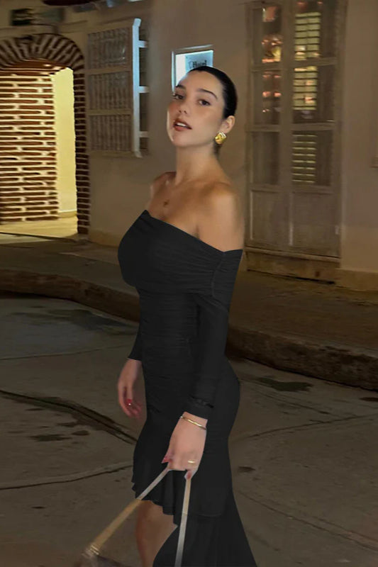 Fall Slim-Fit Pleated Off-Shoulder Party Dress