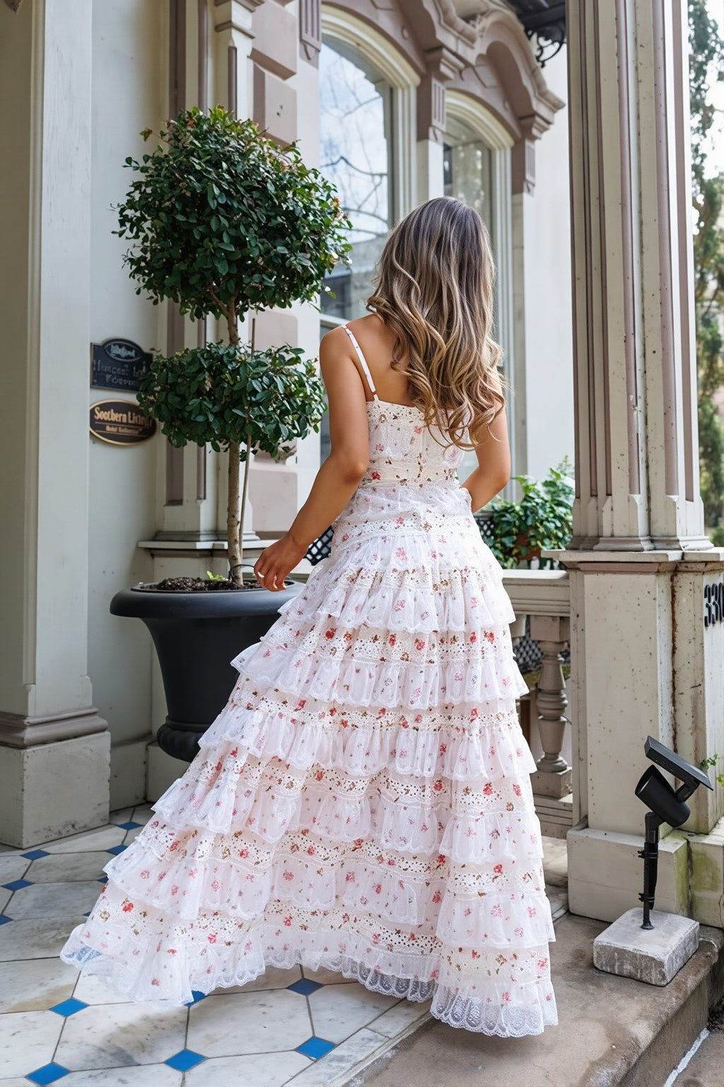 Lace Trim Print Tiered Ruffle Hem Cami Maxi Dress