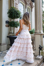 Lace Trim Print Tiered Ruffle Hem Cami Maxi Dress