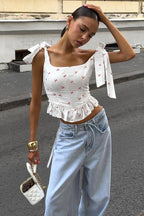Floral Print Ruffle Tie Cami Top