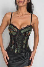 Mesh Print Lace Insert Underwire Corset Cami Top