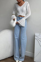 Hollow Out Knit V Neck Long Sleeve Cardigan