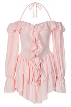 Halter Neck Lace Up Ruffle Hem Romper