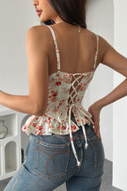 Floral Lace Up Backless Strapless Ruffle Cami Top
