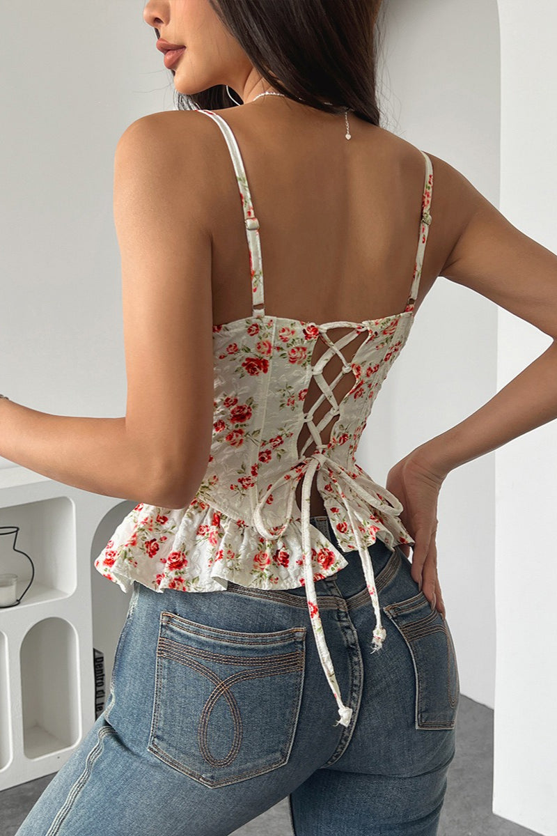 Floral Lace Up Backless Strapless Ruffle Cami Top