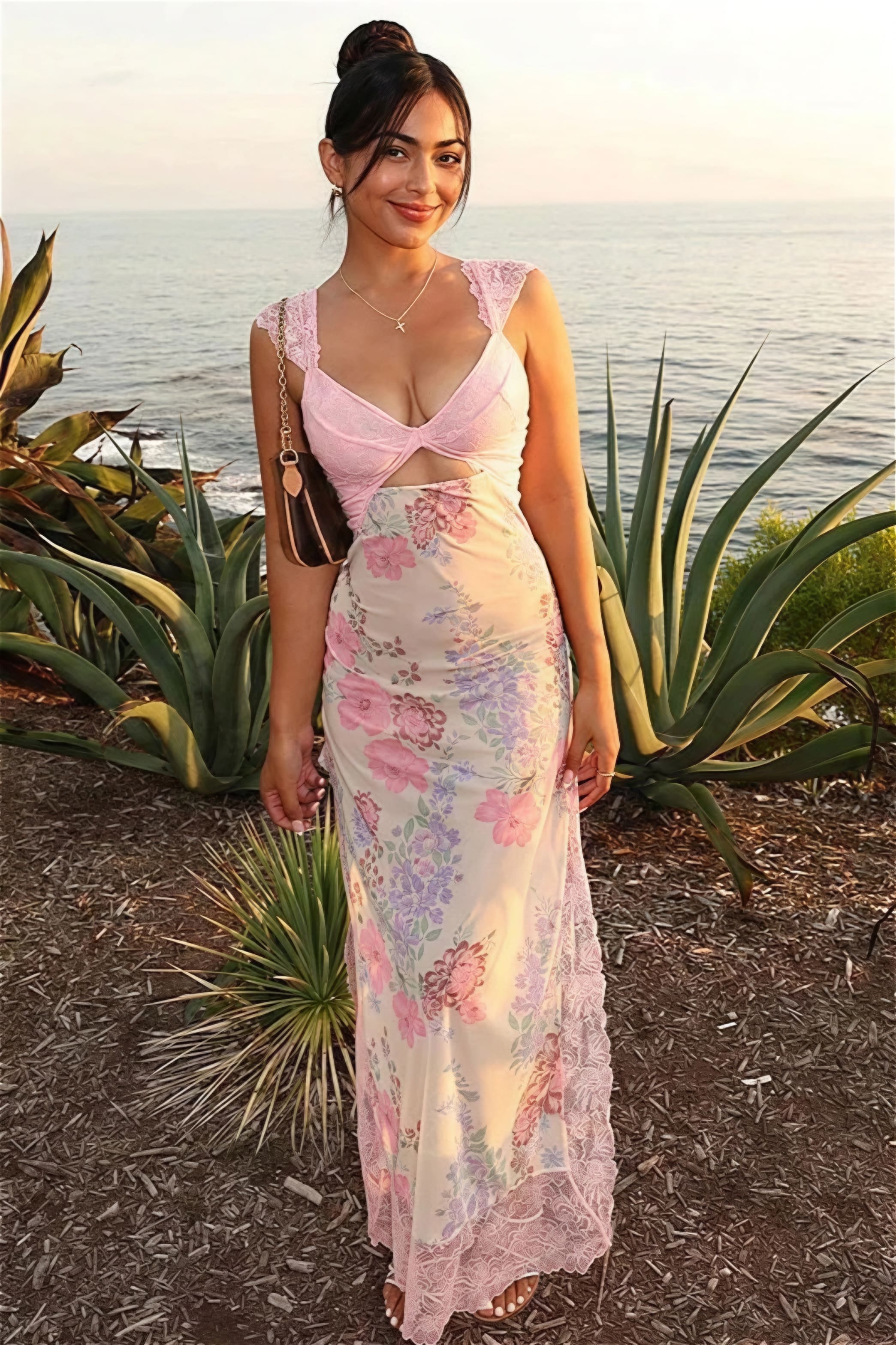 Flower Print Lace Trim Backless Floral Dress