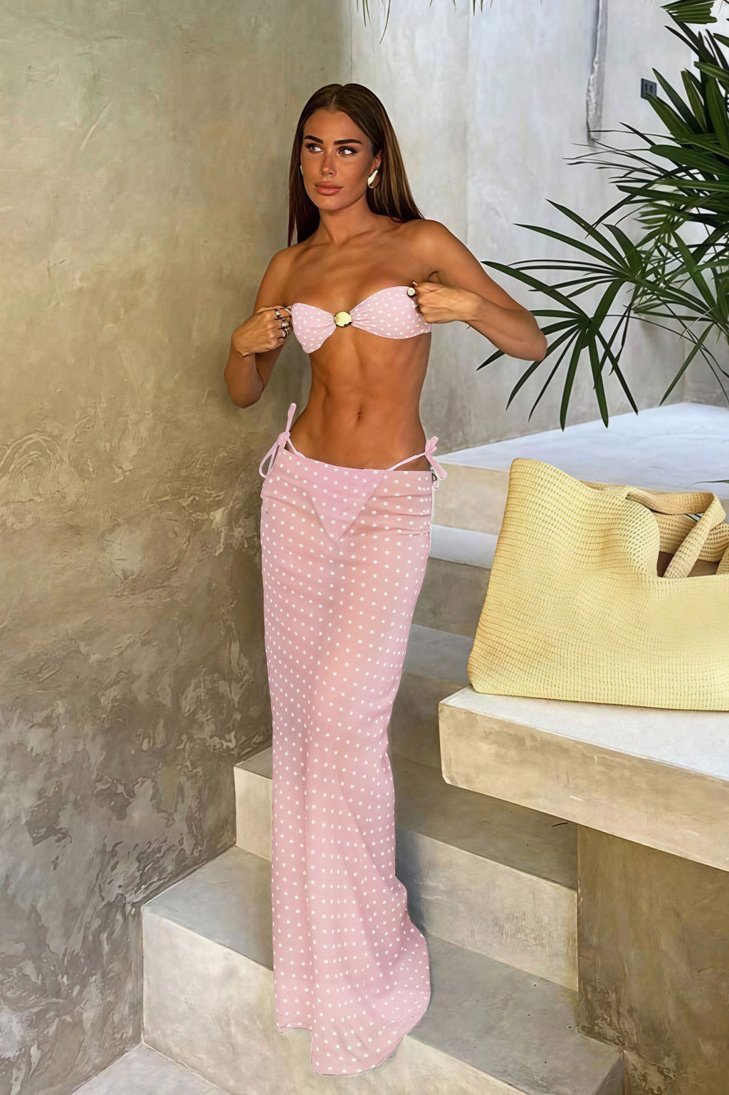 Polka Dot Mesh Skirt Three Piece Swim Set