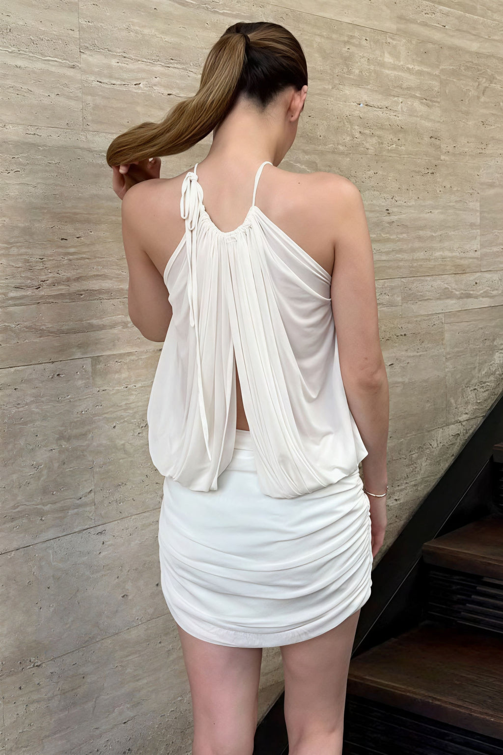 Halter Mesh Ruched Mini Dress