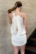 Halter Mesh Ruched Mini Dress