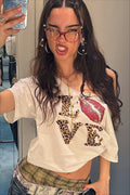 Street Style Leopard Letter Print V Neck Crop Top T-Shirt