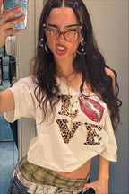Street Style Leopard Letter Print V Neck Crop Top T-Shirt