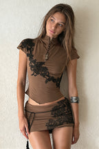 Stand Collar Hollow Lace Patch Skirt Set