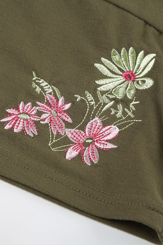 Cross V Neck Floral Embroidered T-Shirt