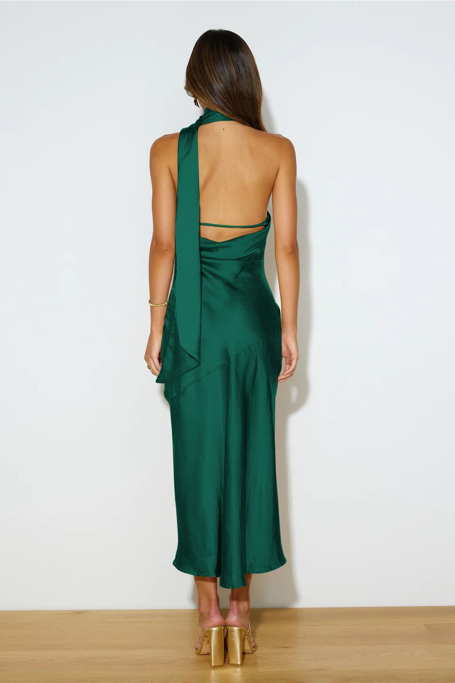 Satin Slit Hem Backless Midi Dress