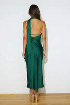 Satin Slit Hem Backless Midi Dress