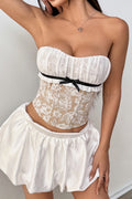 Sheer Lace Insert Boned Corset Crop Top Blouse