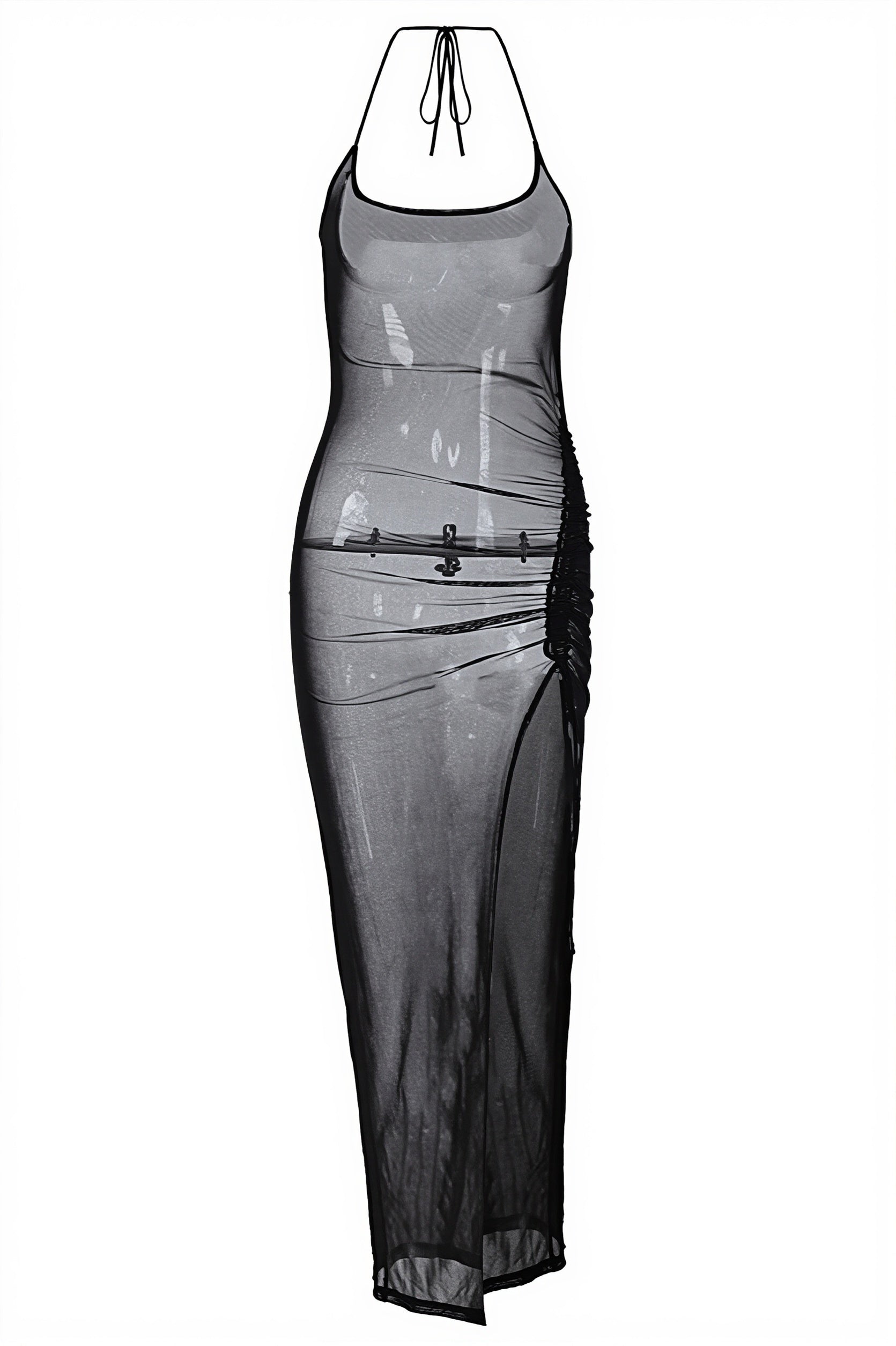Sheer Mesh Insert Side Slit Bodycon Maxi Dress