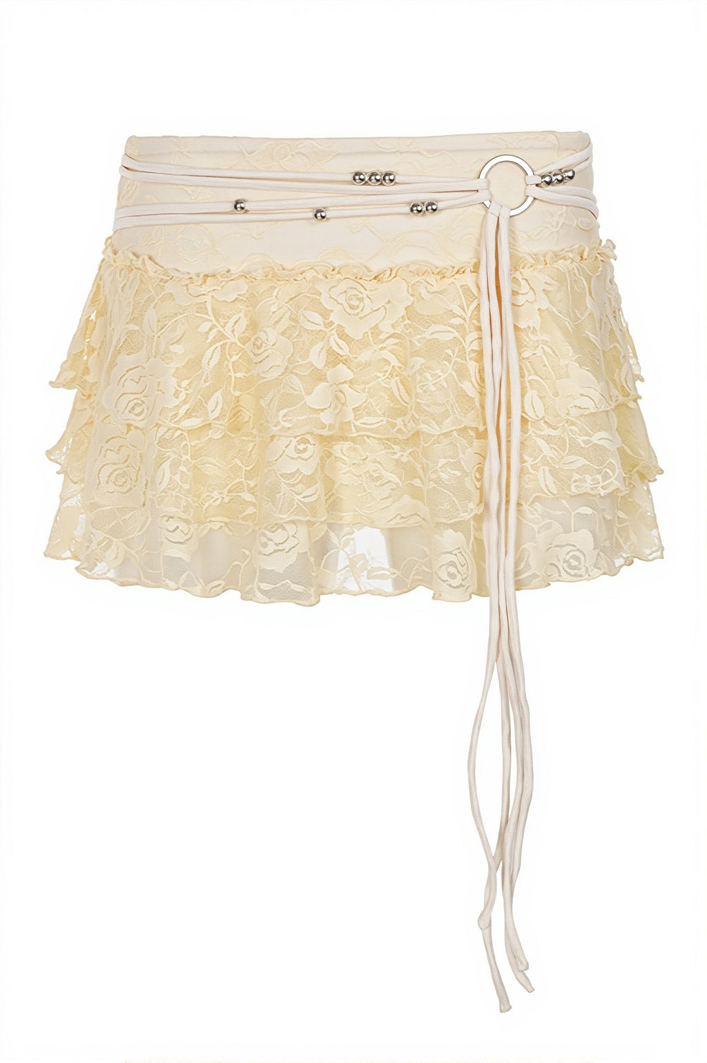 Lace Drawstring Ruffle Tiered Mini Skirt