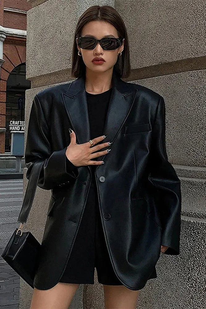 Black Pu Leather Blazer Jacket