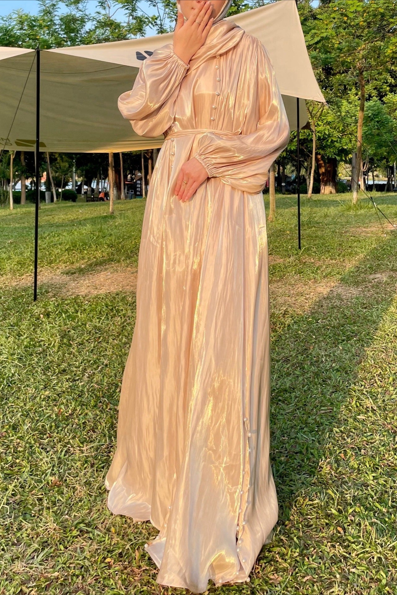 Shimmer Tulle Inner Skirt Outer Headscarf Three Piece Prom Dress