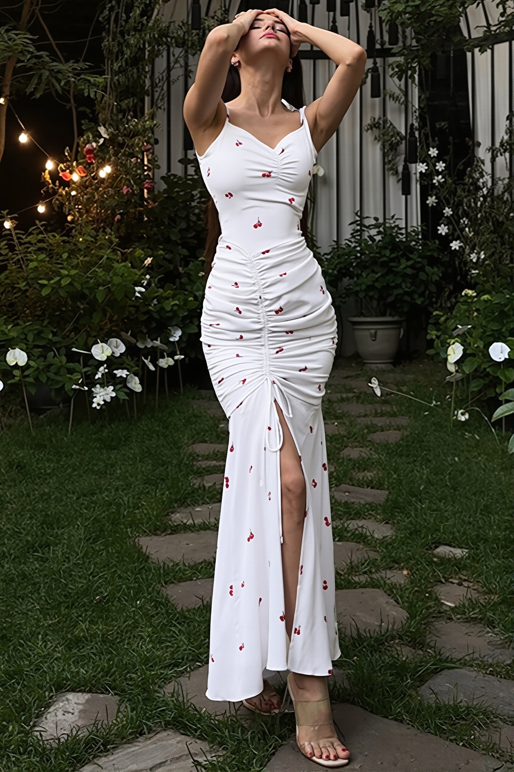 Print Cami Ruched Slit Maxi Dress
