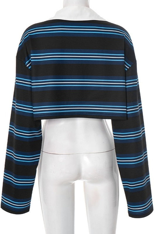 Stripe Polo Collar Crop Long Sleeve T-Shirt