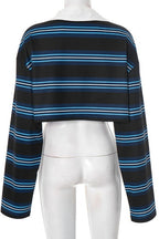 Stripe Polo Collar Crop Long Sleeve T-Shirt