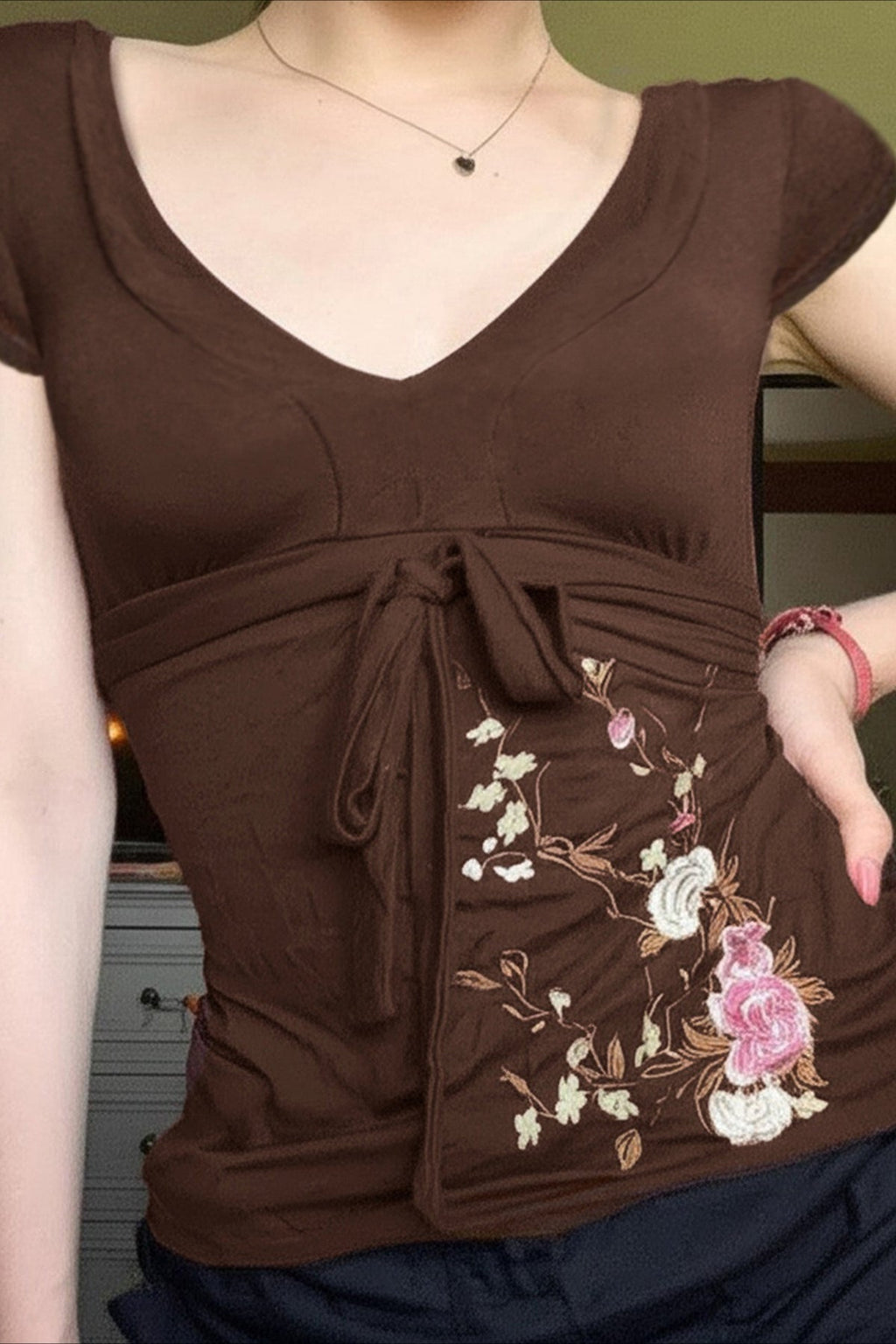 Vintage Floral Embroidery Tie Waist V Neck T-Shirt