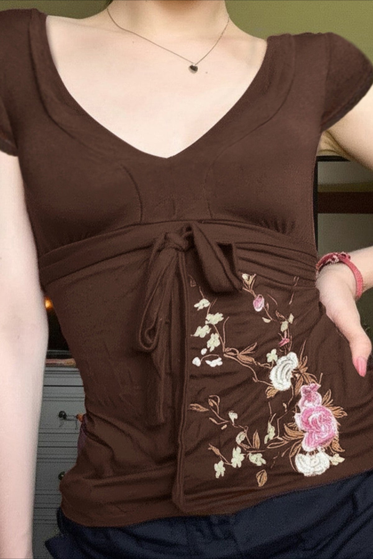 Vintage Floral Embroidery Tie Waist V Neck T-Shirt